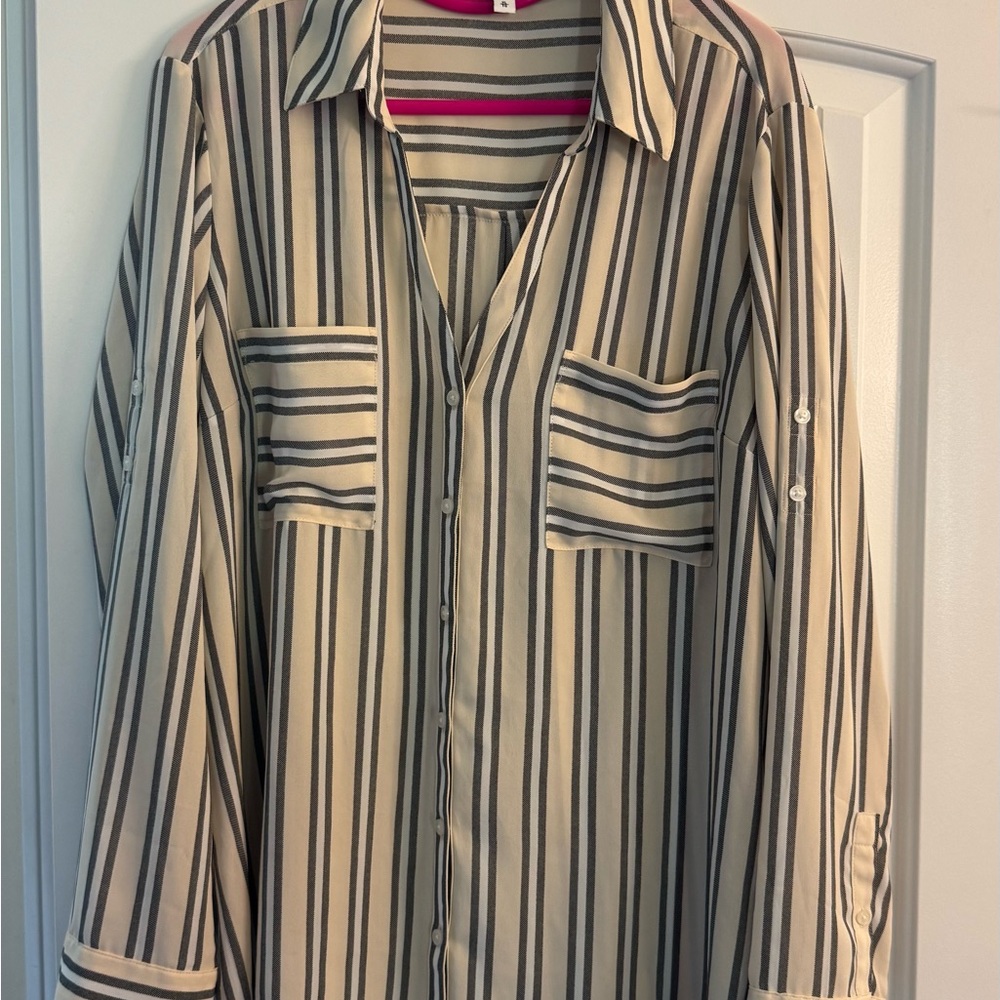 Express Cream and Black Striped Button-Up Blouse